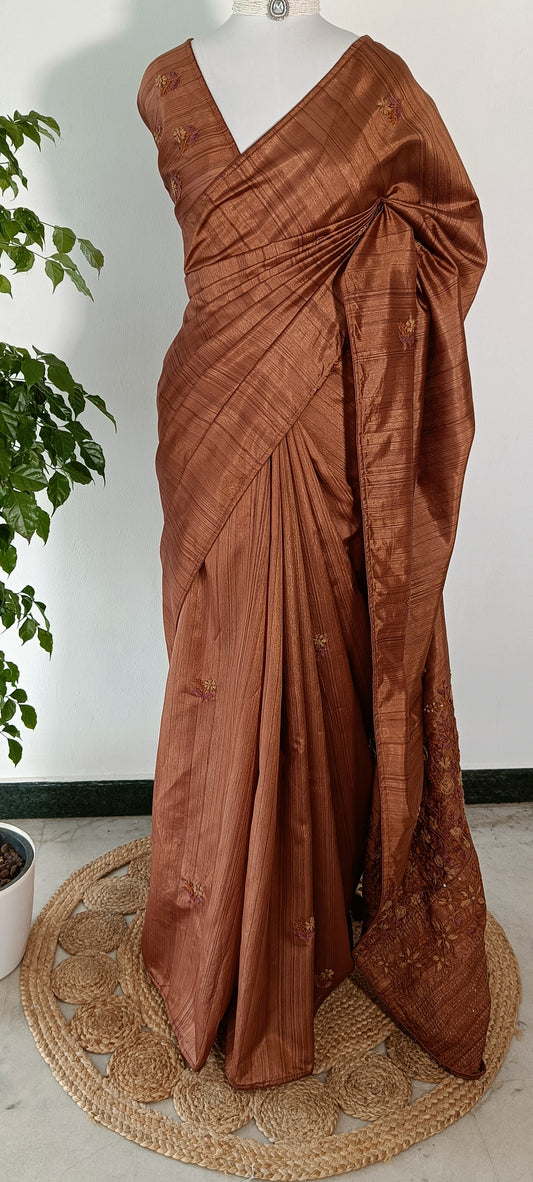 Semi Tussar Silk Saree with Hand-Embroidered Floral Motifs – Burnt Copper / Rust Brown