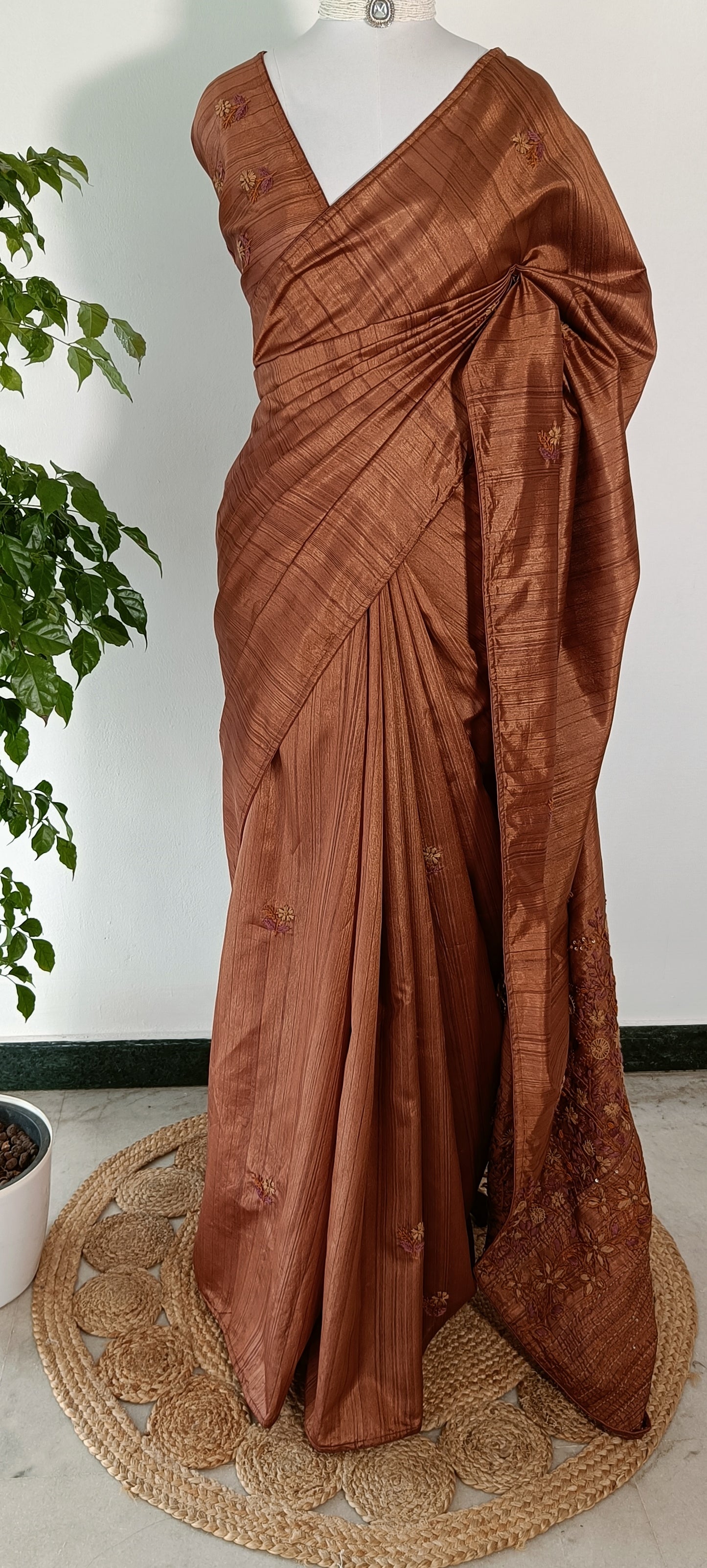 Semi Tussar Silk Saree with Hand-Embroidered Floral Motifs – Burnt Copper / Rust Brown