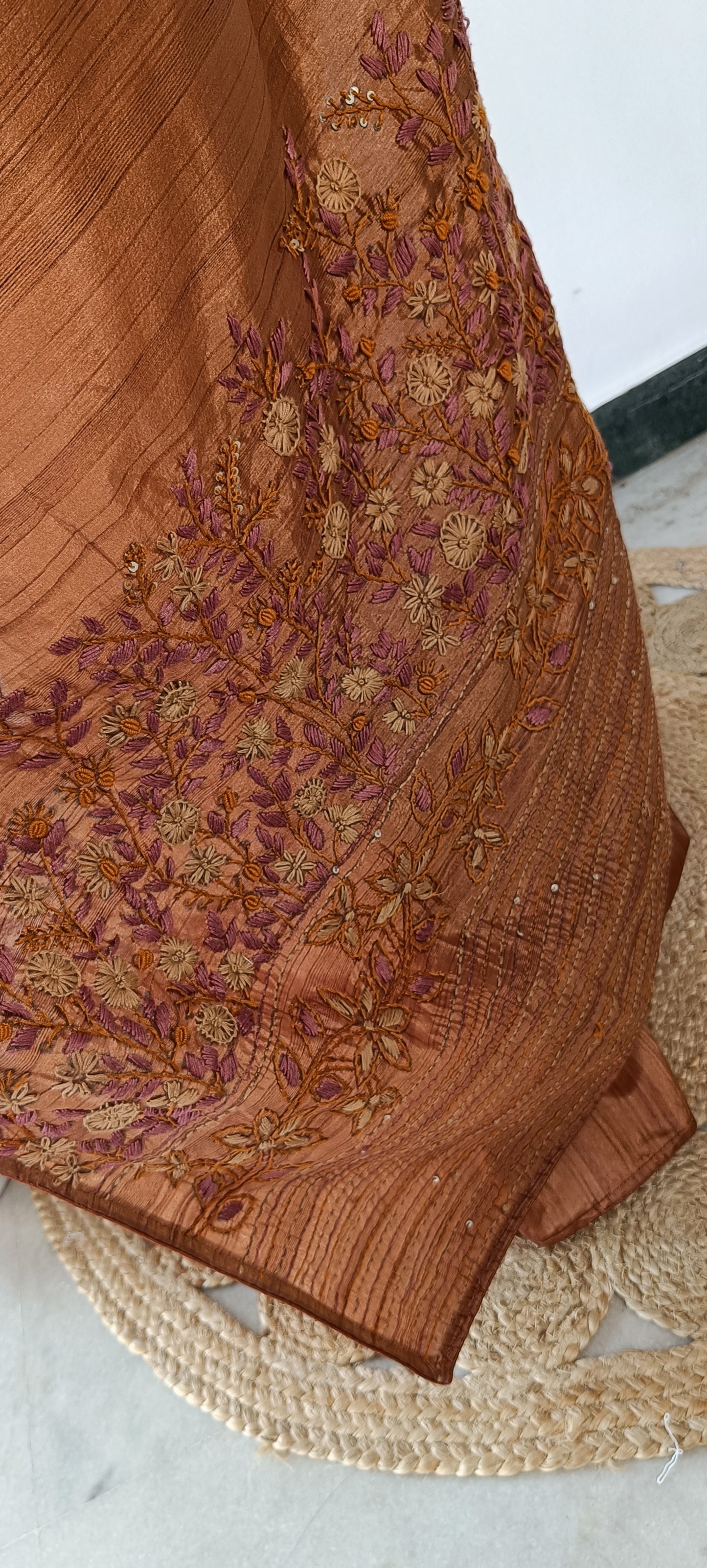 Semi Tussar Silk Saree with Hand-Embroidered Floral Motifs – Burnt Copper / Rust Brown