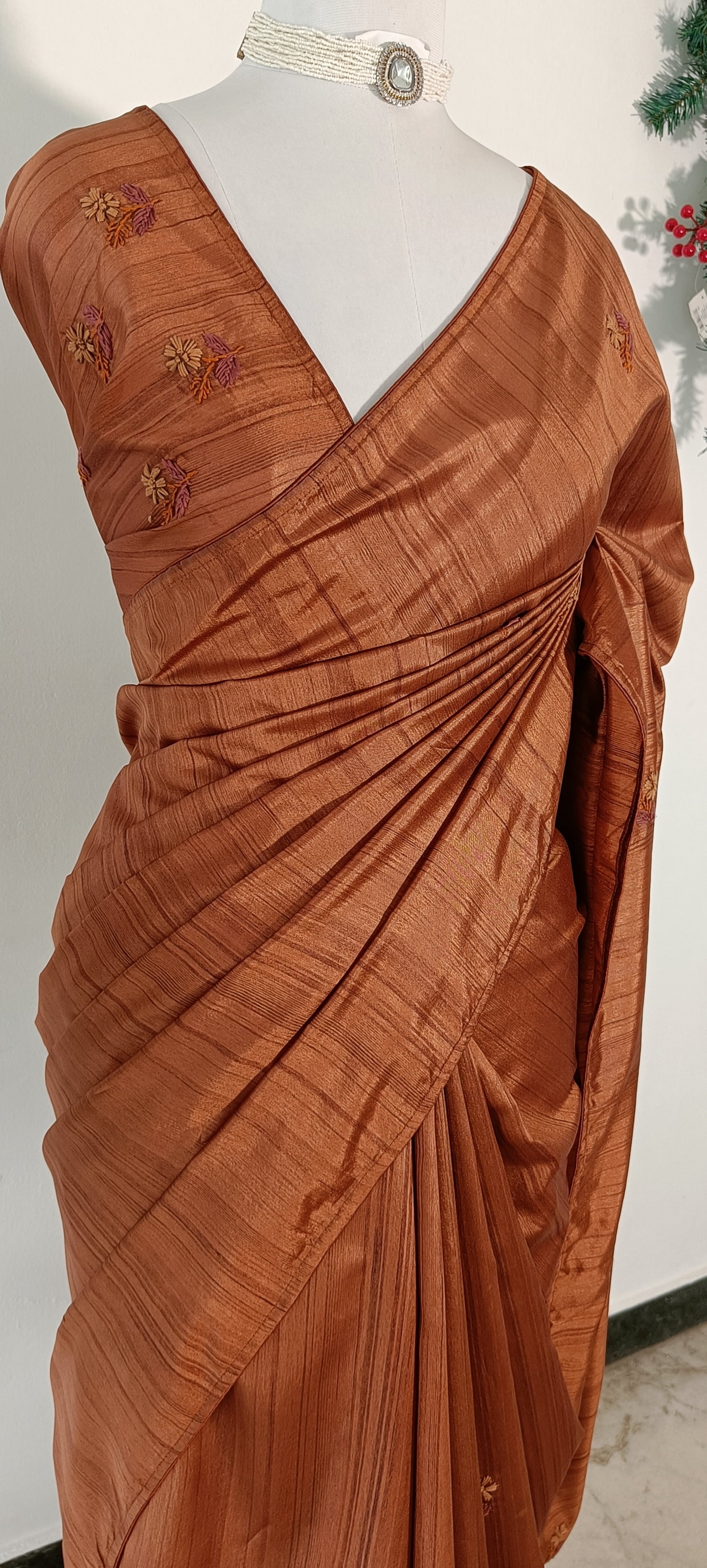 Semi Tussar Silk Saree with Hand-Embroidered Floral Motifs – Burnt Copper / Rust Brown
