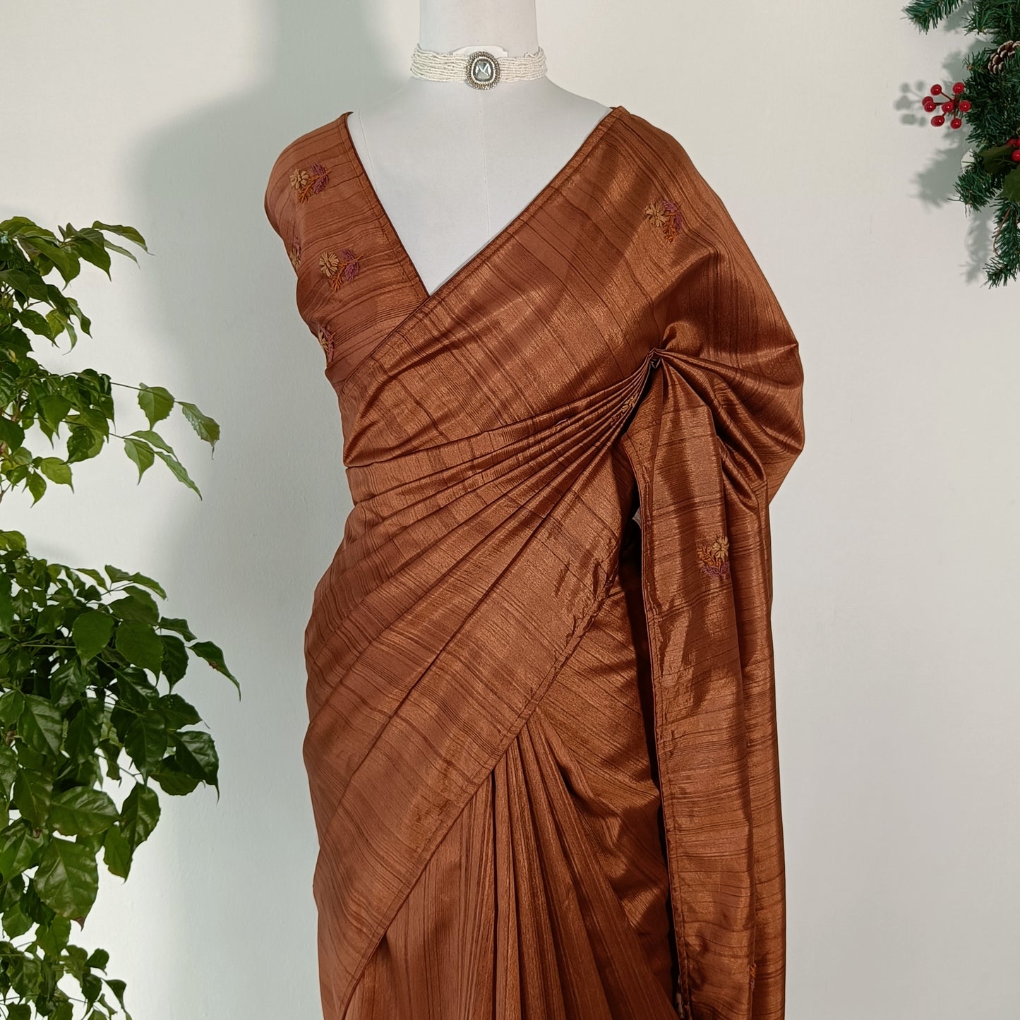 Semi Tussar Silk Saree with Hand-Embroidered Floral Motifs – Burnt Copper / Rust Brown