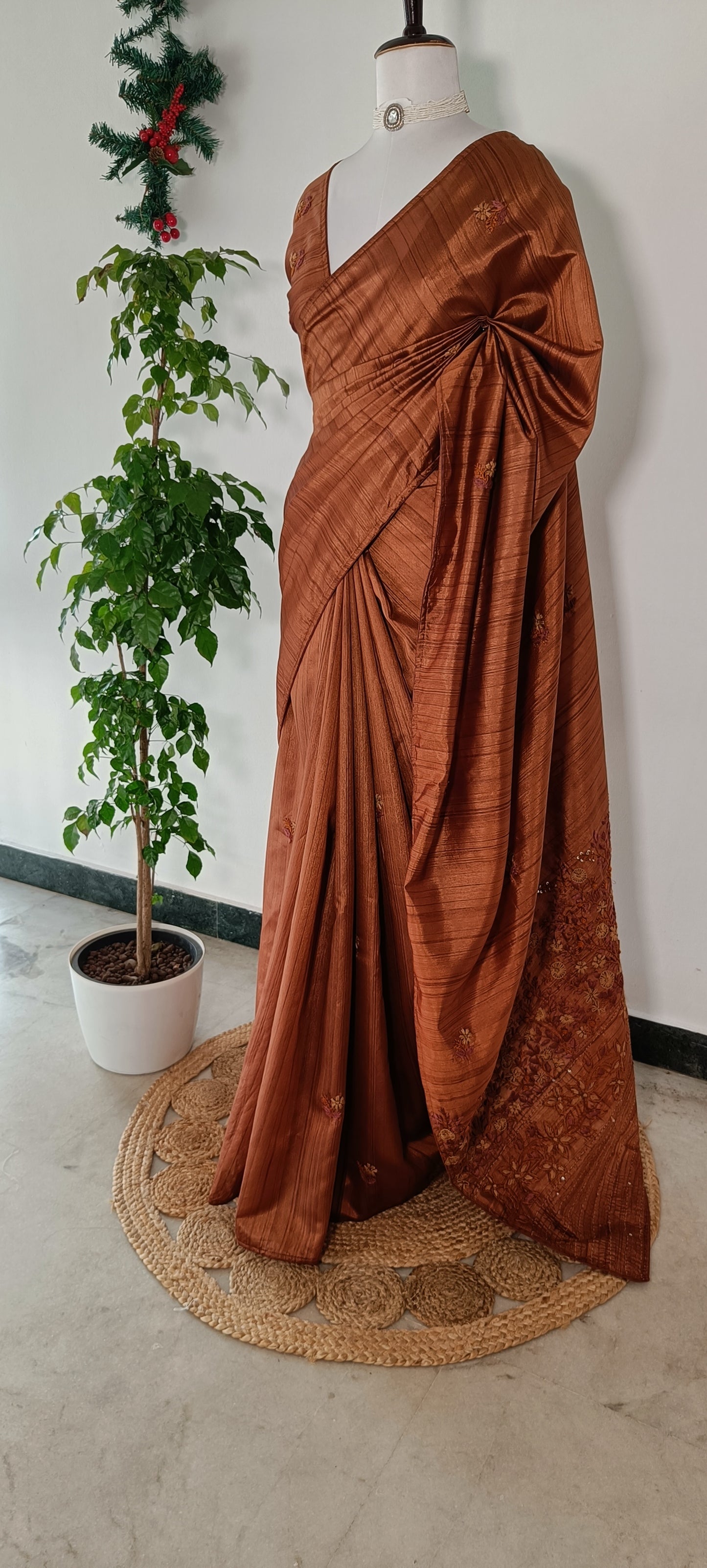Semi Tussar Silk Saree with Hand-Embroidered Floral Motifs – Burnt Copper / Rust Brown