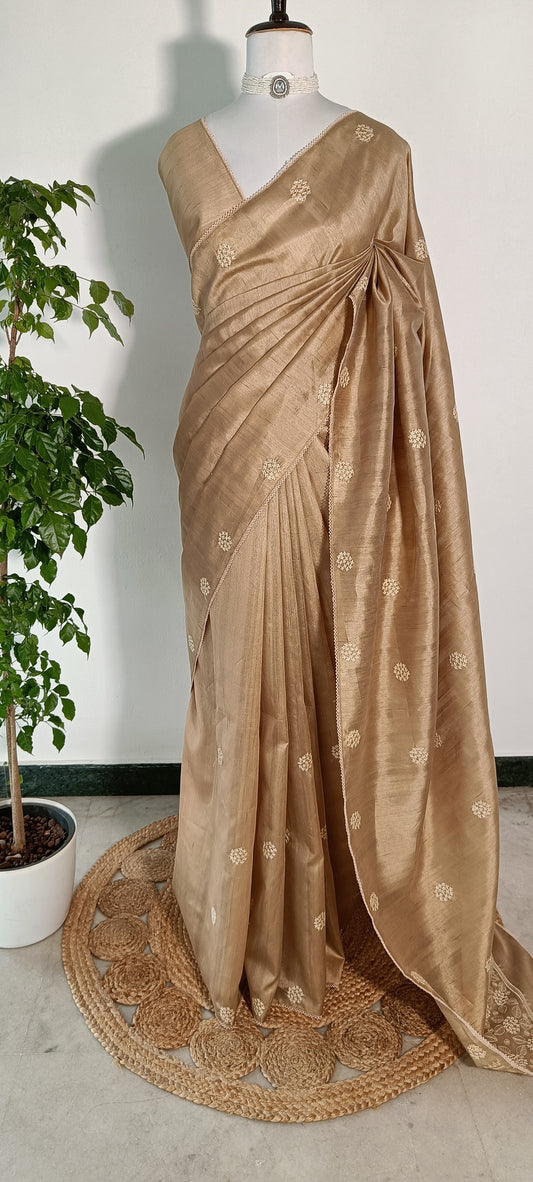 Semi Tussar Silk Saree with Delicate Embroidered Motifs – Warm Taupe / Antique Gold