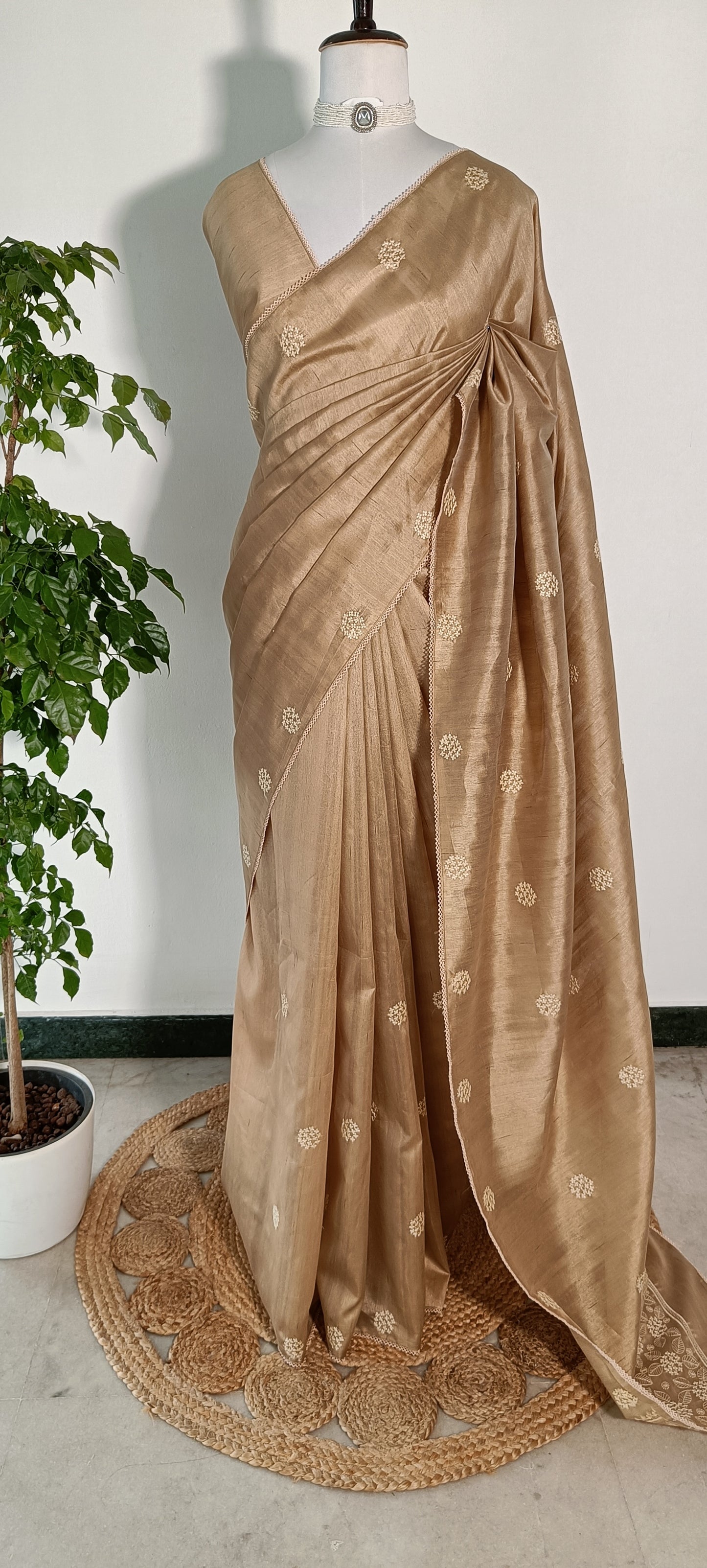 Semi Tussar Silk Saree with Delicate Embroidered Motifs – Warm Taupe / Antique Gold