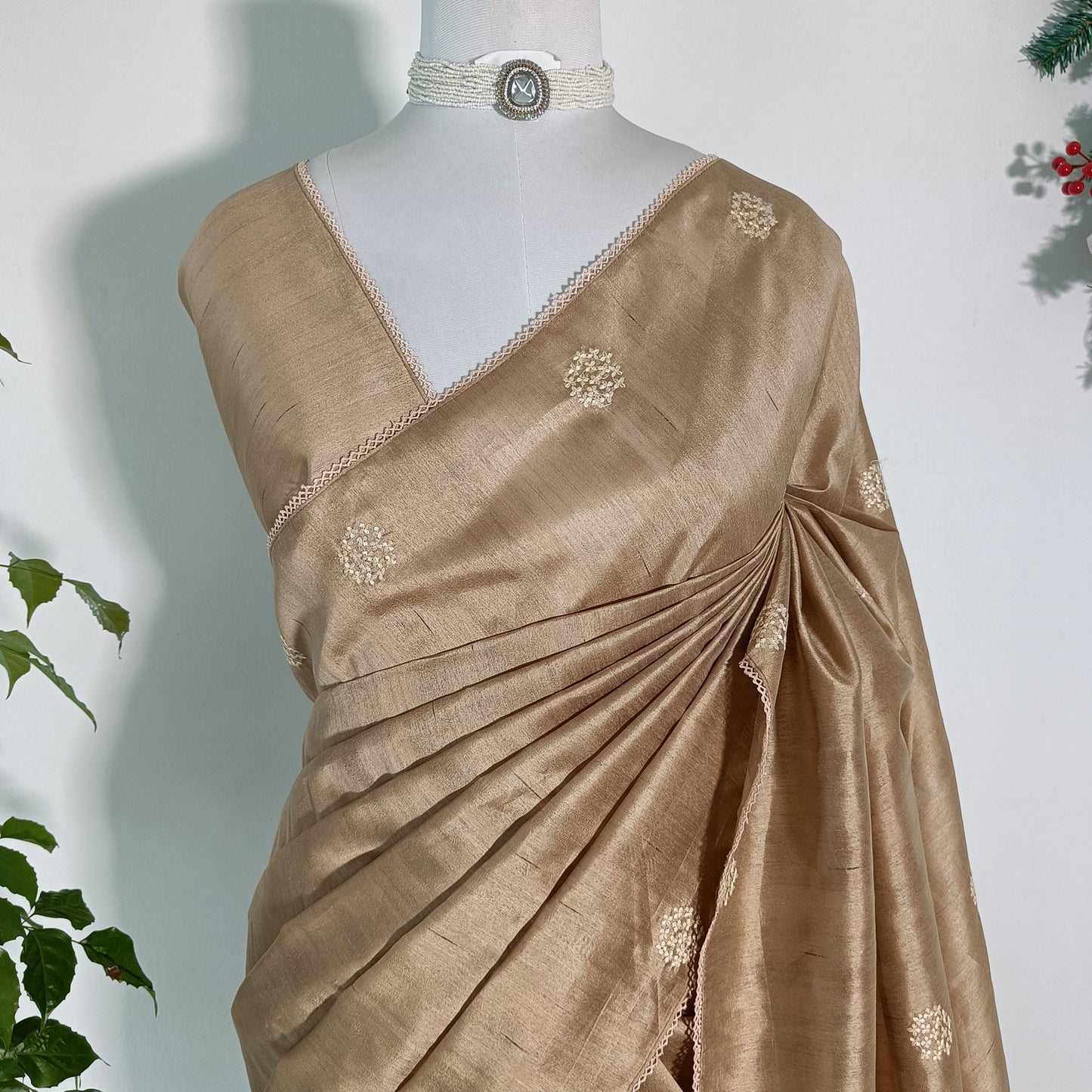 Semi Tussar Silk Saree with Delicate Embroidered Motifs – Warm Taupe / Antique Gold