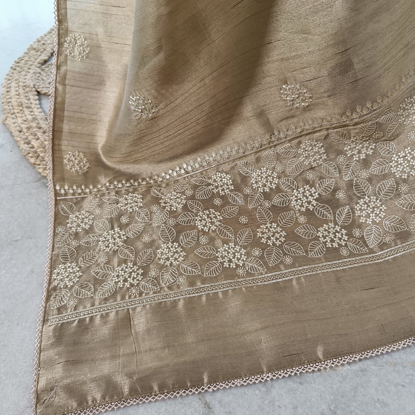 Semi Tussar Silk Saree with Delicate Embroidered Motifs – Warm Taupe / Antique Gold
