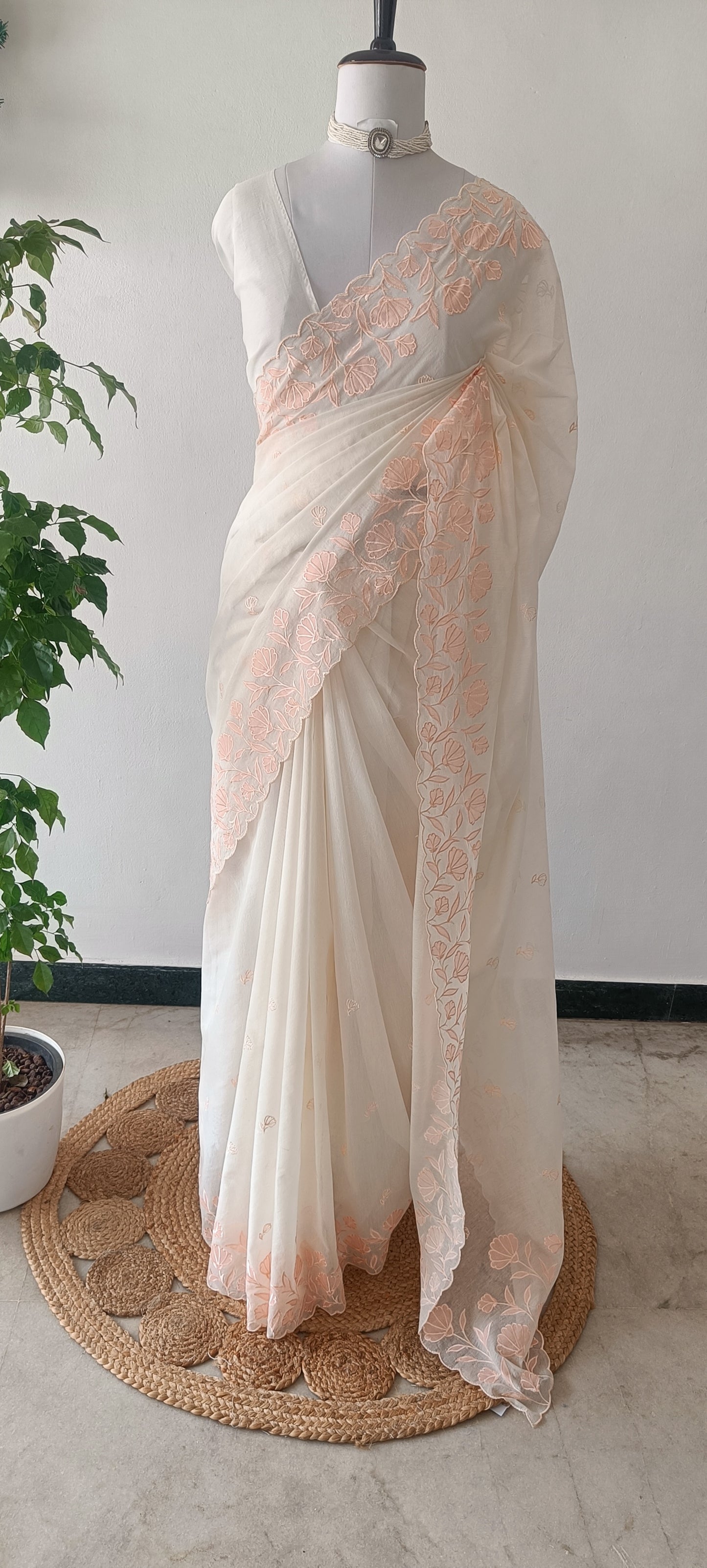 Mul Chanderi appliqué work saree