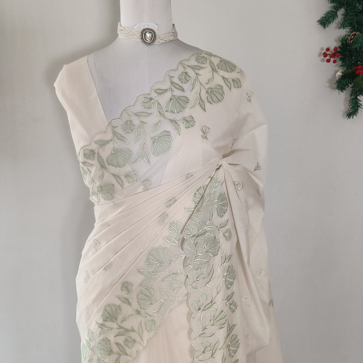 Mul Chanderi Applique Work Saree