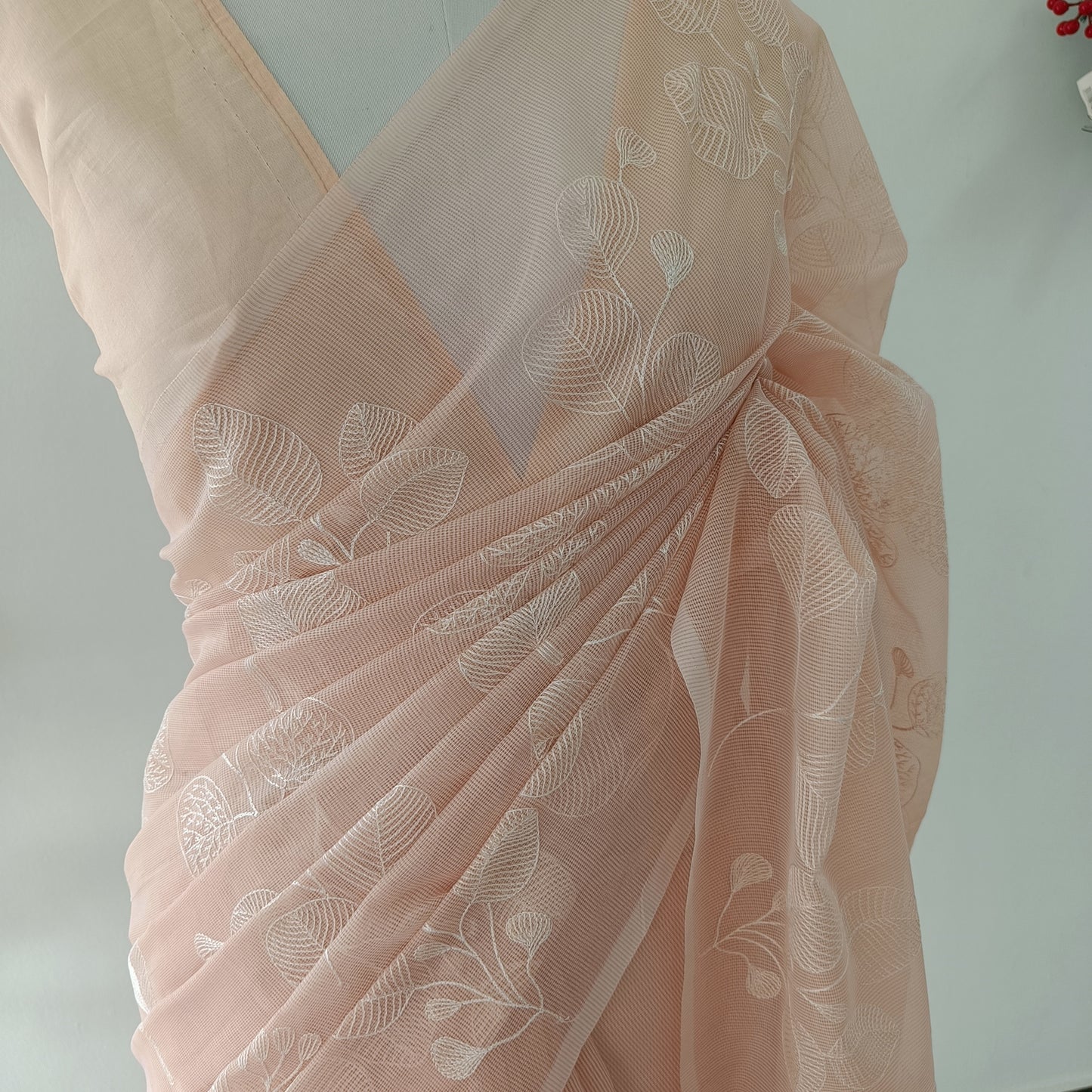 Soft Kota Doria Saree – Blush Peach with Embroidery