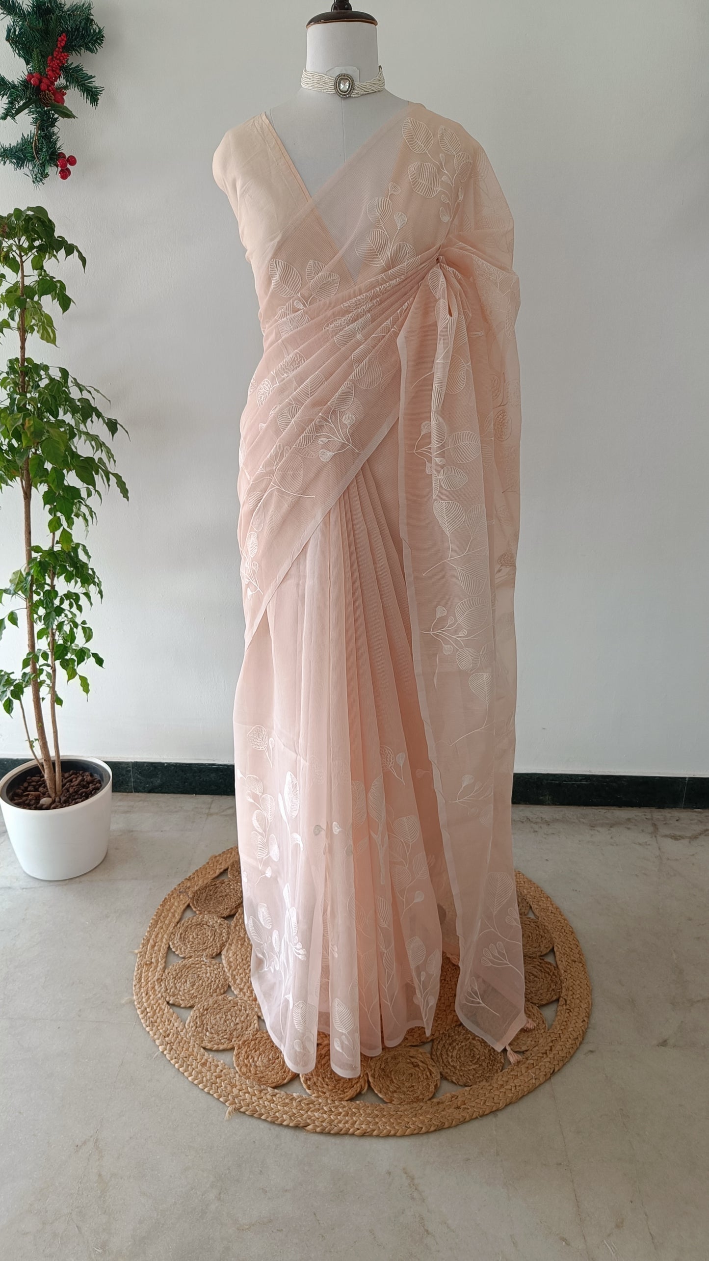 Soft Kota Doria Saree – Blush Peach with Embroidery