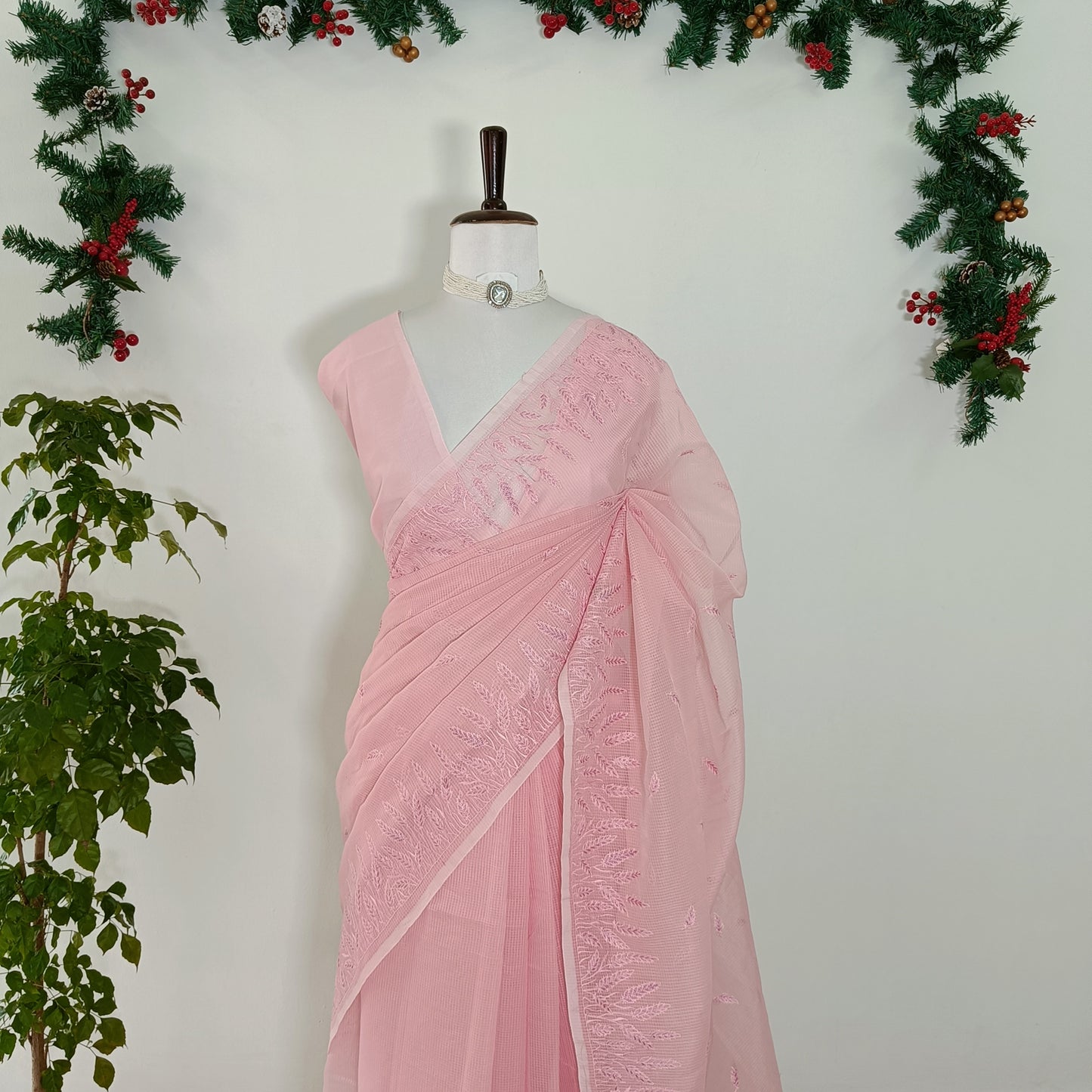 Baby Pink Kota Embroidery Saree