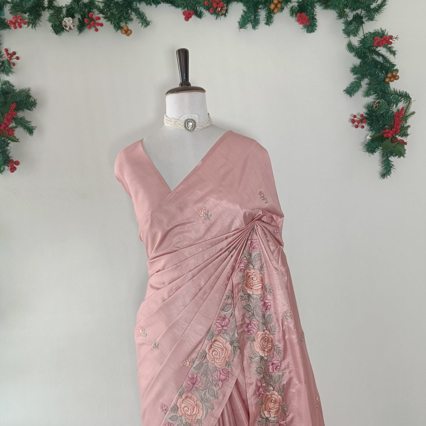 Dusty Rose Semi Silk Embroidery Saree