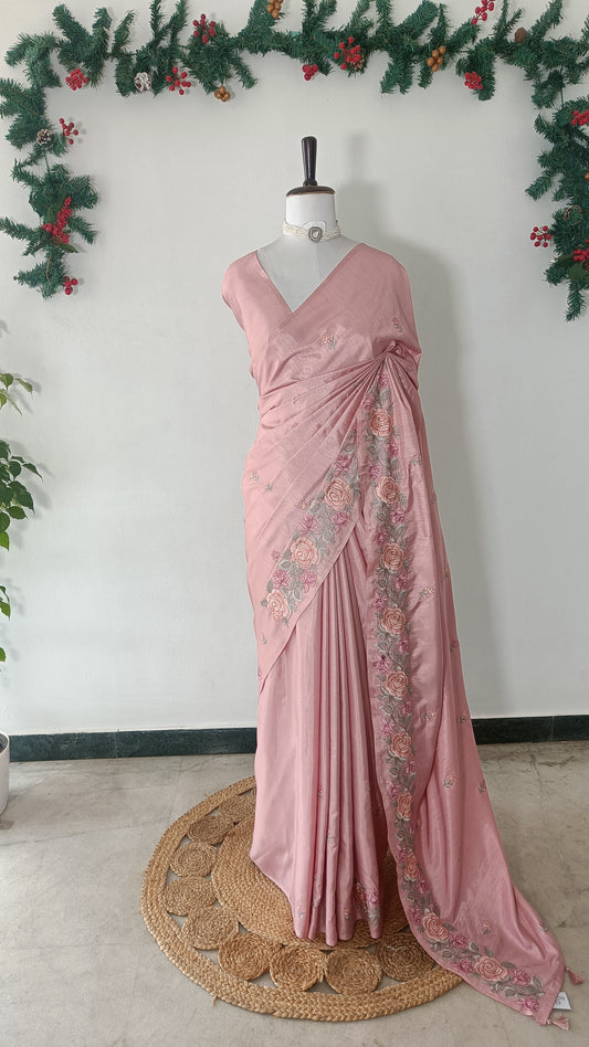 Dusty Rose Semi Silk Embroidery Saree