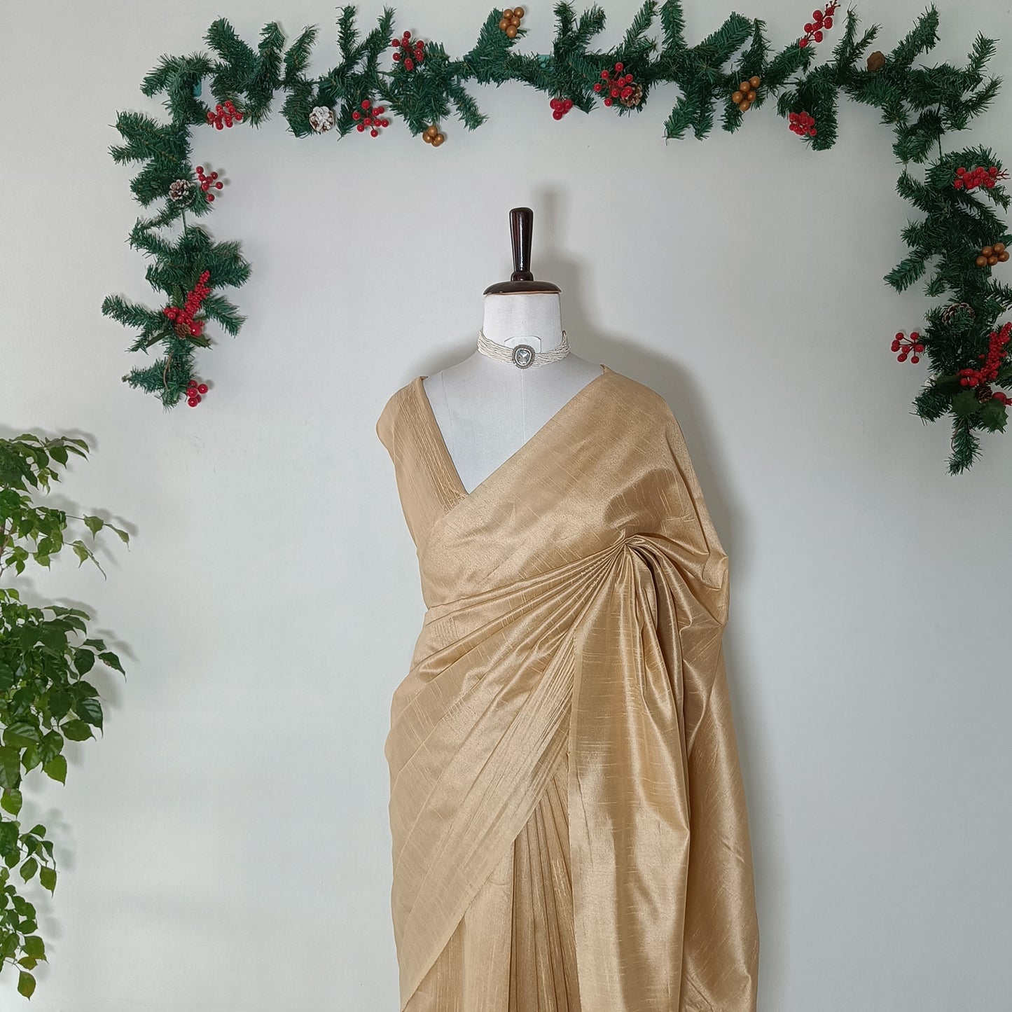 Golden Beige Plain Raw Silk Saree