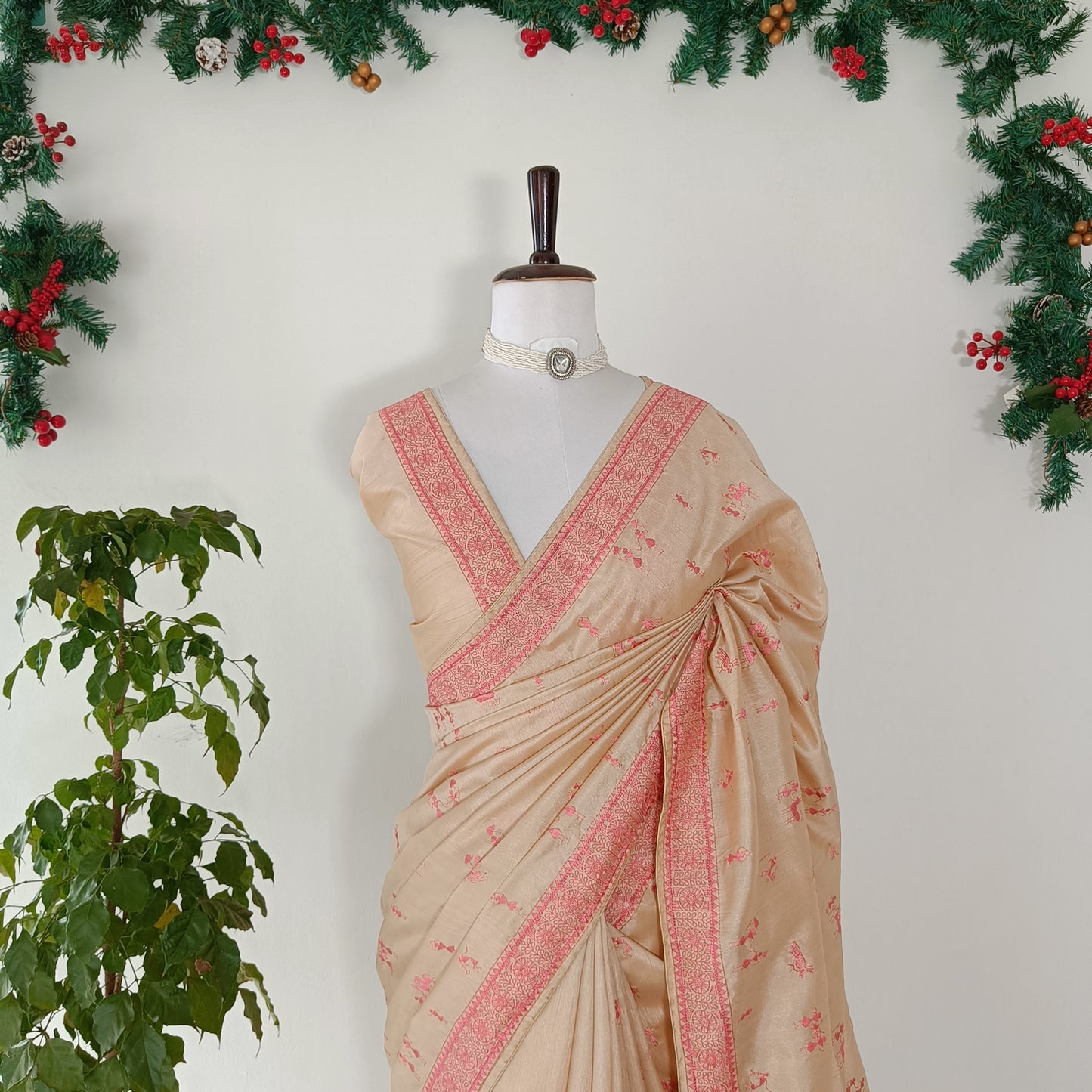 Beige Semi Tussar Warli Embroidery Saree