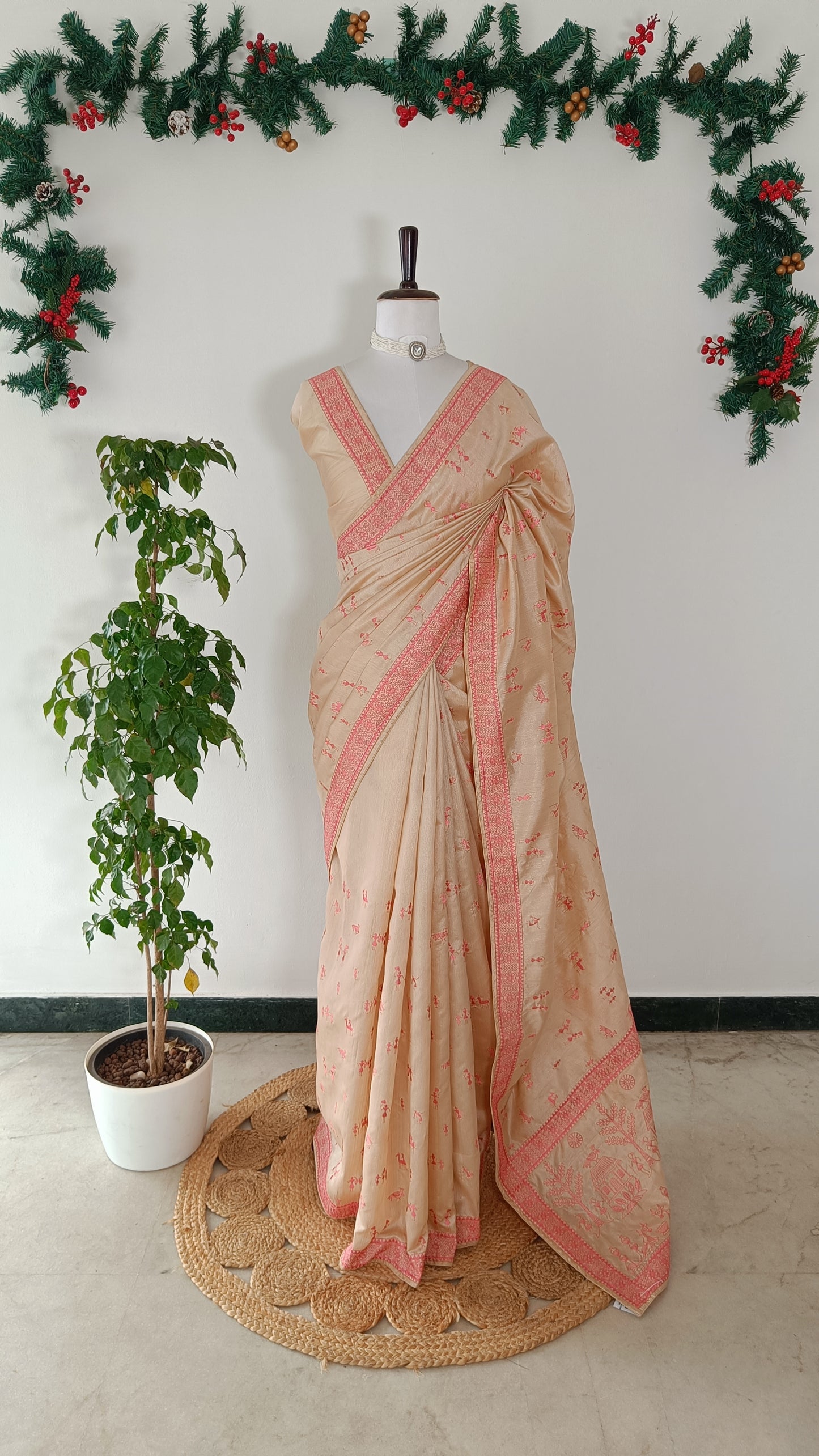 Beige Semi Tussar Warli Embroidery Saree