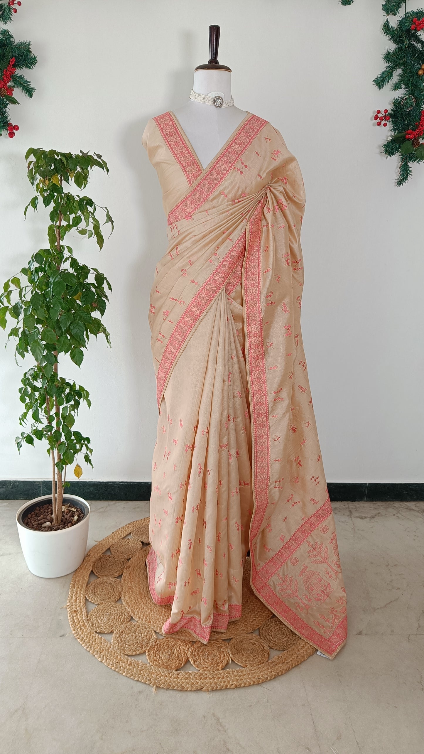 Beige Semi Tussar Warli Embroidery Saree