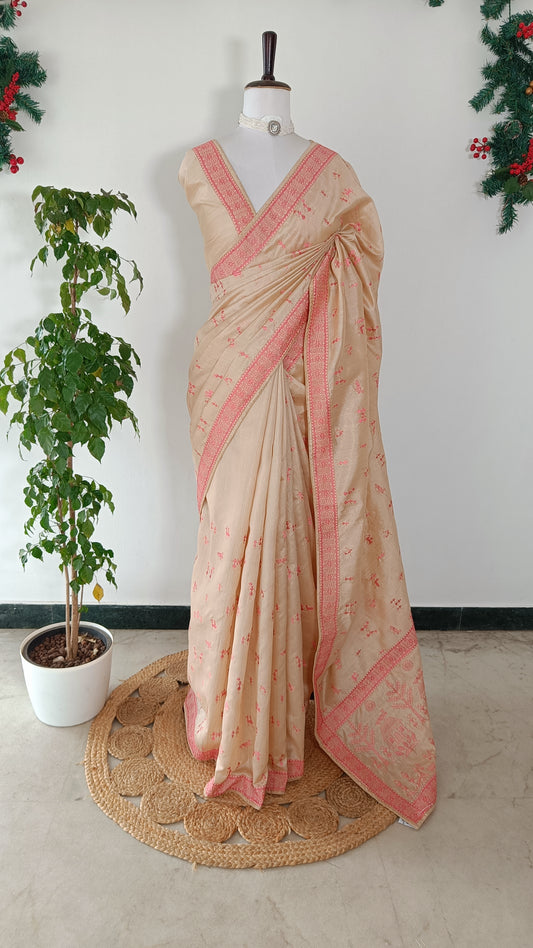 Beige Semi Tussar Warli Embroidery Saree