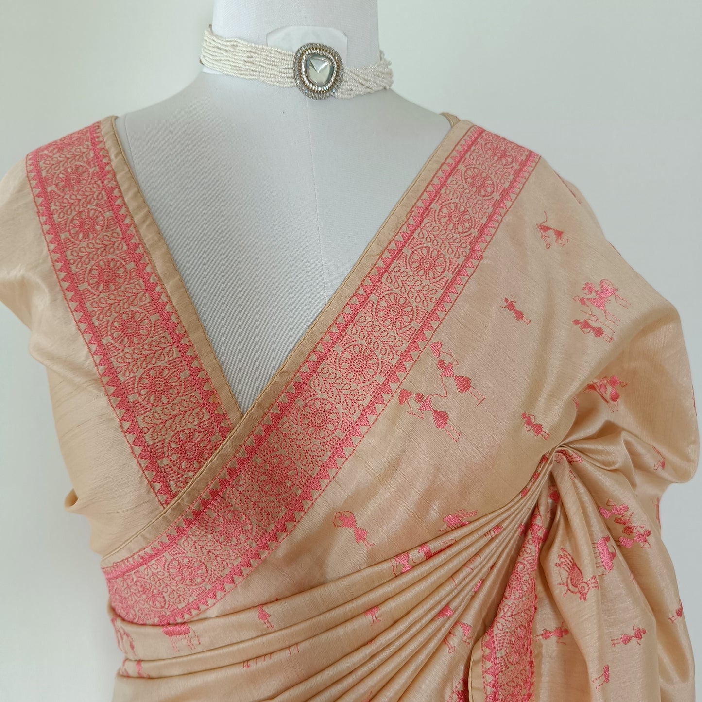 Beige Semi Tussar Warli Embroidery Saree