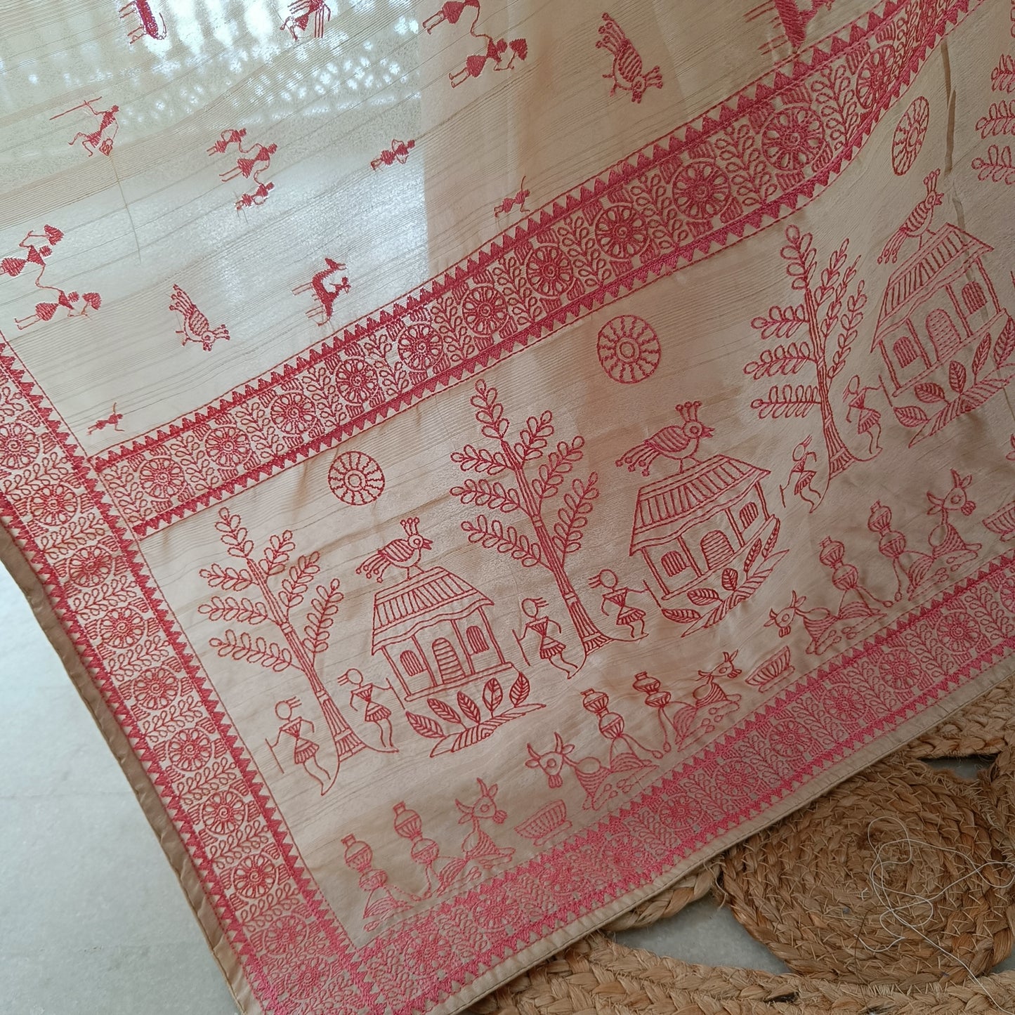 Beige Semi Tussar Warli Embroidery Saree
