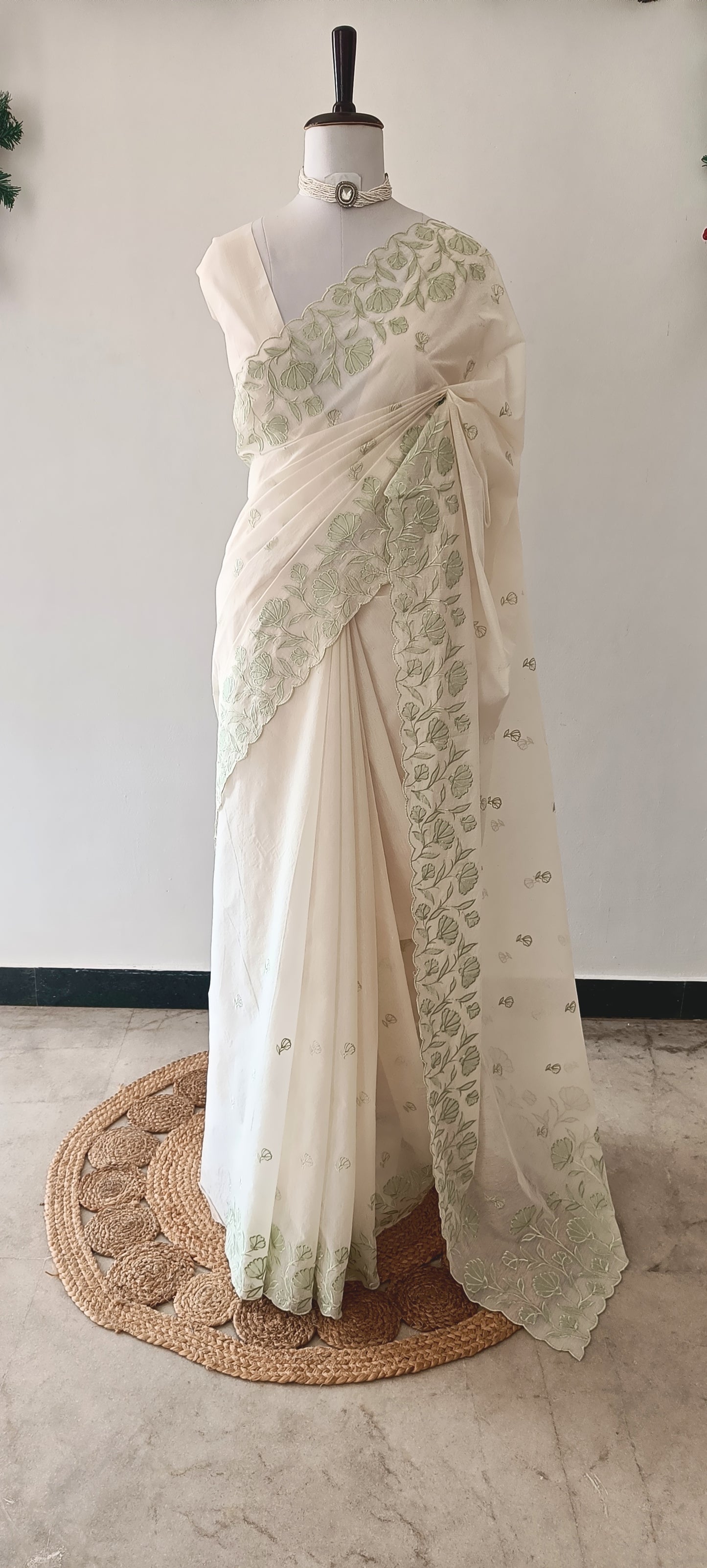 Mul Chanderi Applique Work Saree