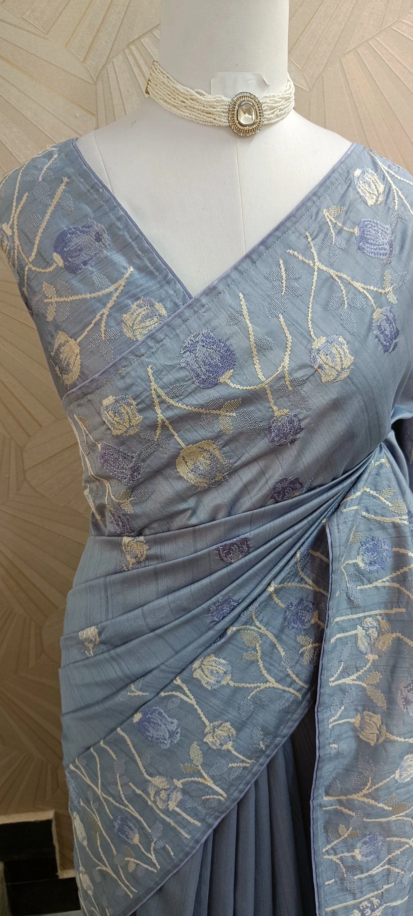 Semi Silk Saree with Cross Stich work