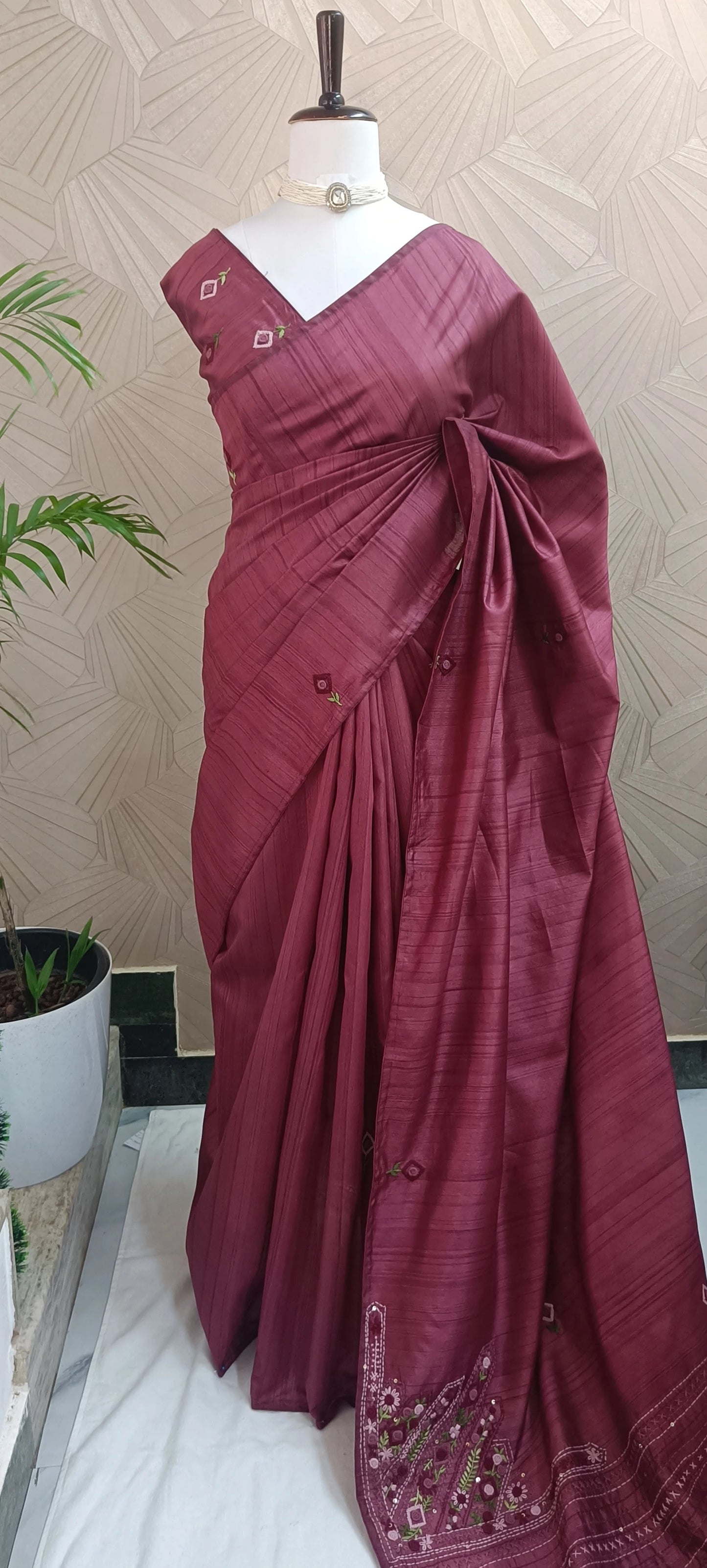 Semi Tussar Saree with Hand embroidery