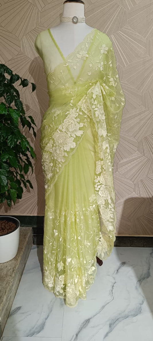 Lime Green Organza Embroidery Saree