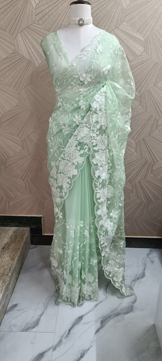 Mint Green Organza Embroidery Saree