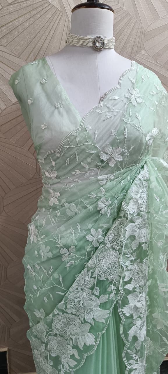 Mint Green Organza Embroidery Saree