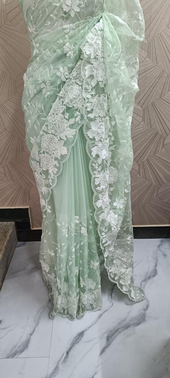 Mint Green Organza Embroidery Saree