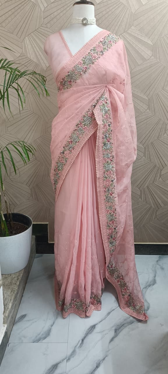 Peach Pink Organza Embroidery Saree