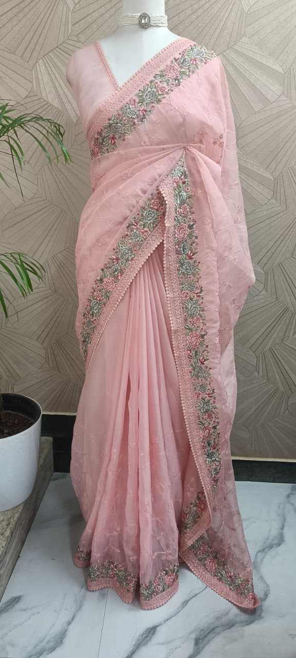 Peach Pink Organza Embroidery Saree