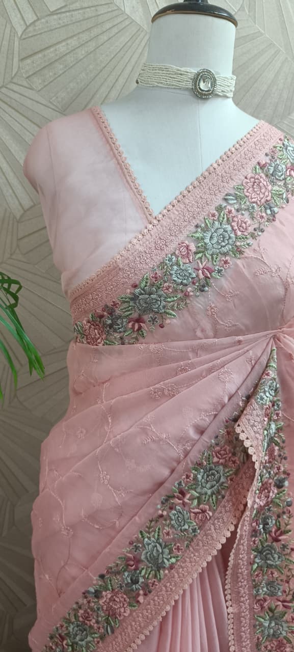 Peach Pink Organza Embroidery Saree