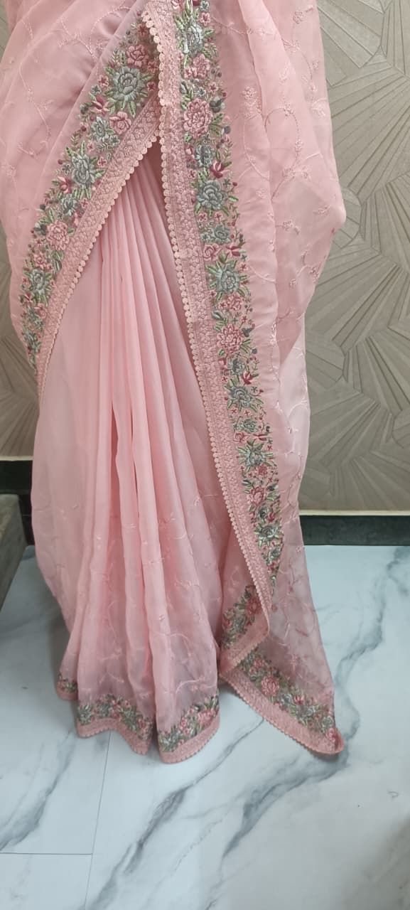 Peach Pink Organza Embroidery Saree