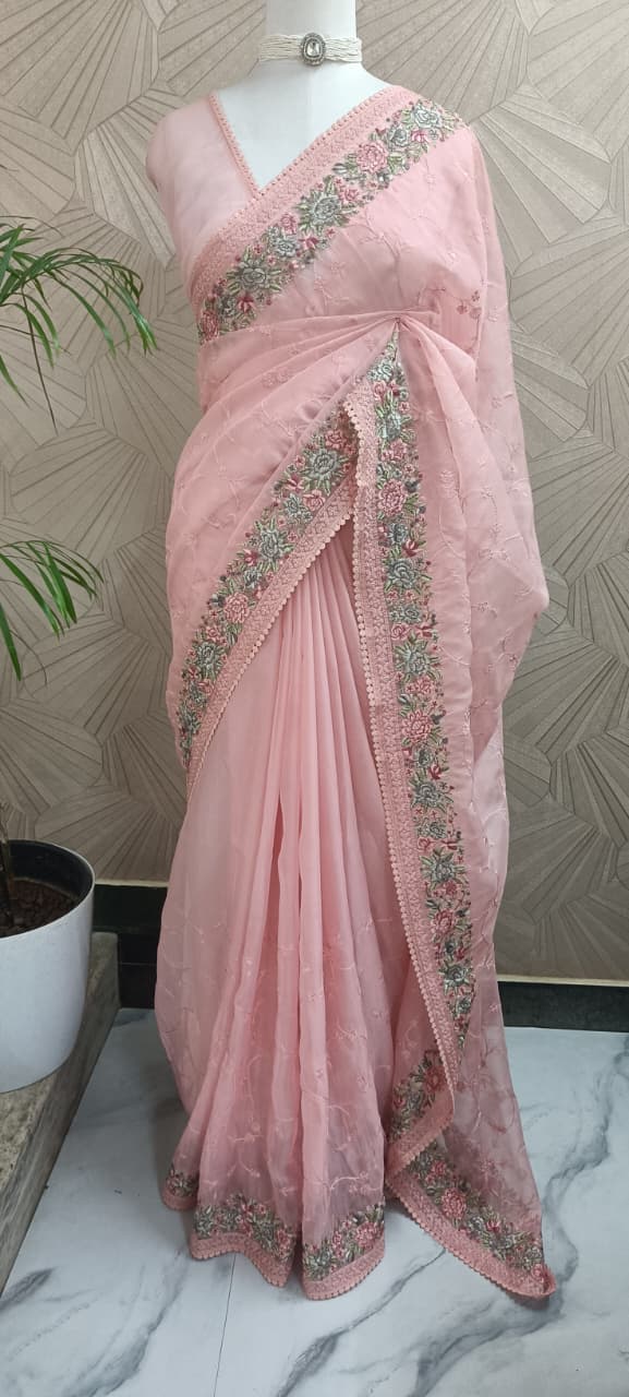 Peach Pink Organza Embroidery Saree