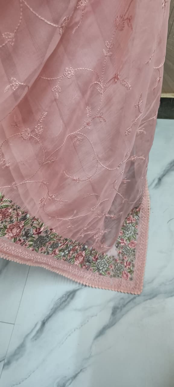 Peach Pink Organza Embroidery Saree