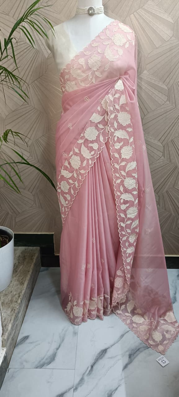 Floral Applique Work Organza Saree
