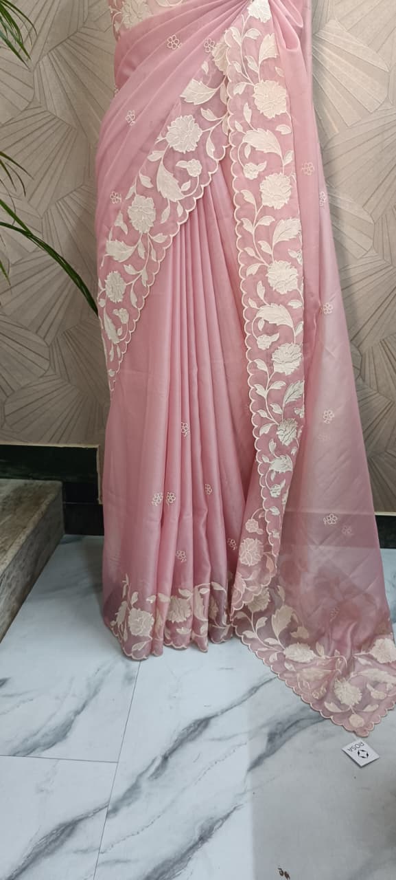 Floral Applique Work Organza Saree
