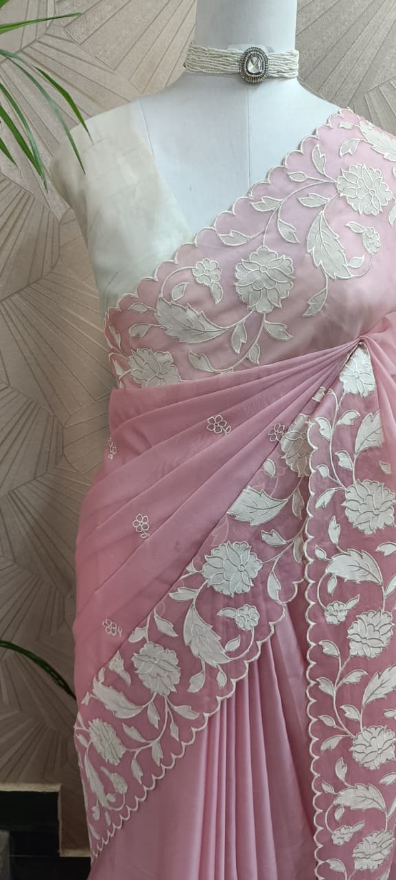 Floral Applique Work Organza Saree