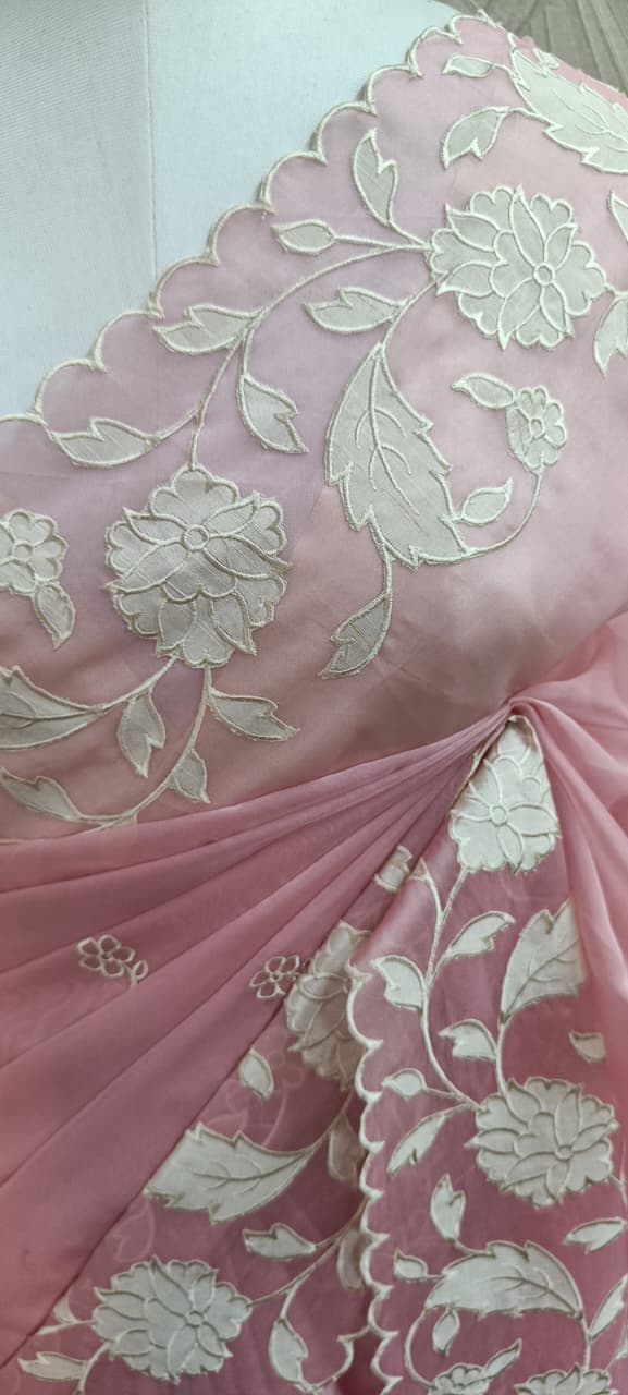 Floral Applique Work Organza Saree