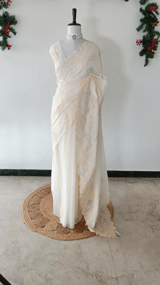 Mul Chanderi Applique Work Saree