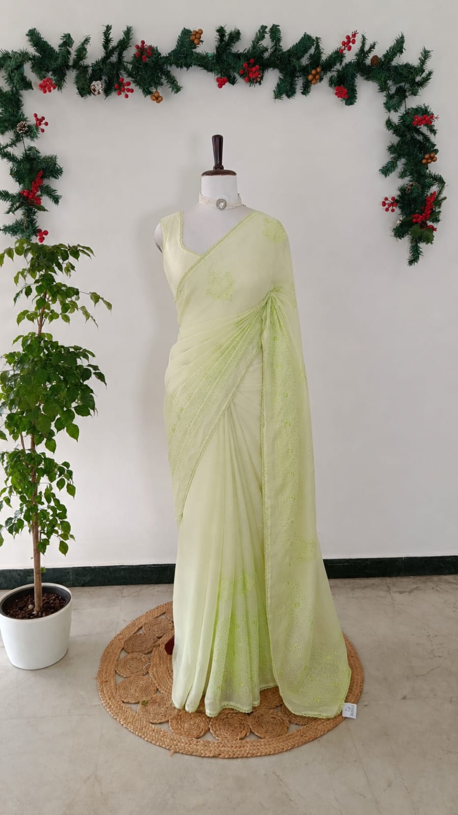 Lime Green Kota Embroidery Saree