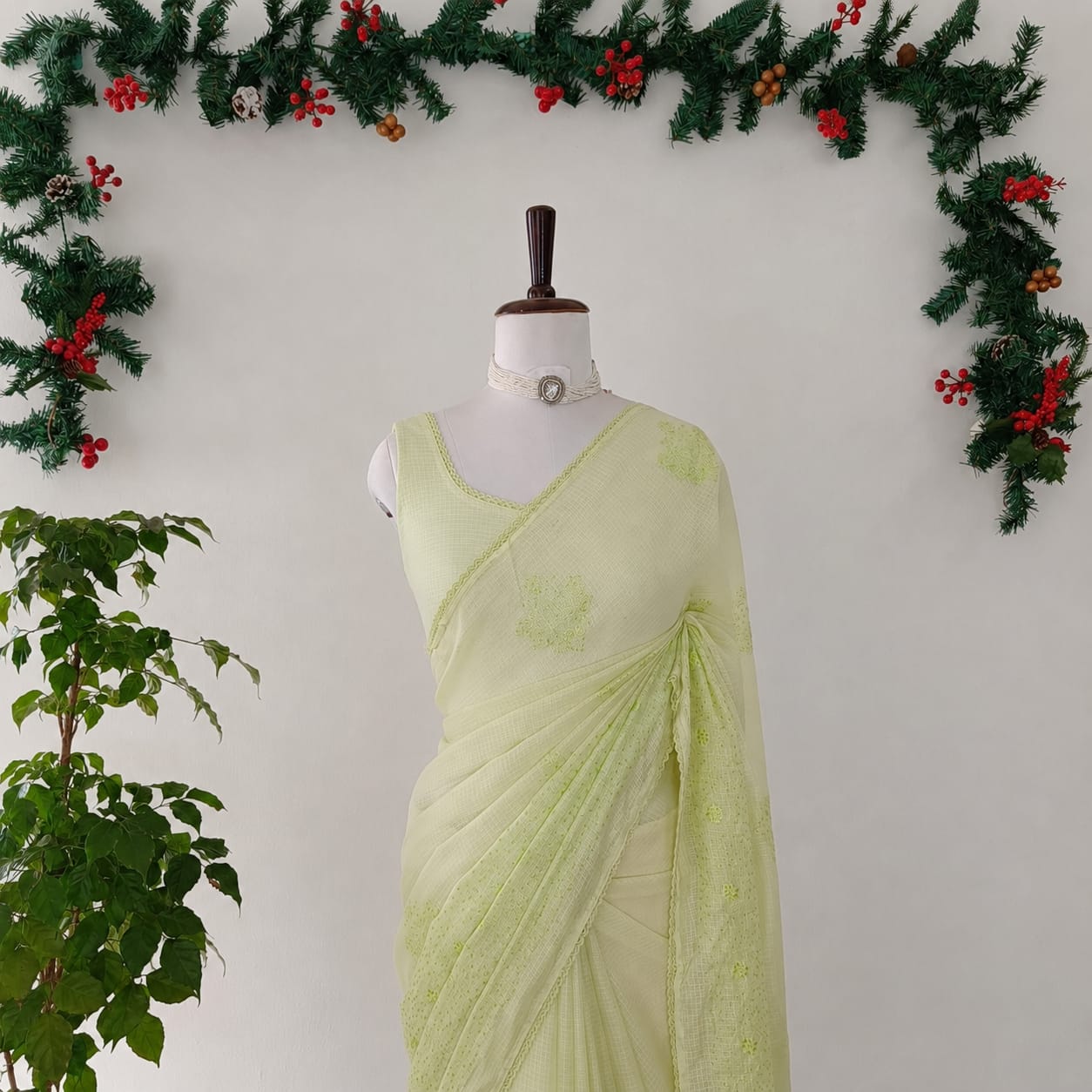 Lime Green Kota Embroidery Saree