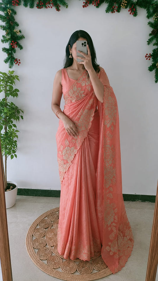 Peach Crushed Tissue Saree with Rose Appliqué