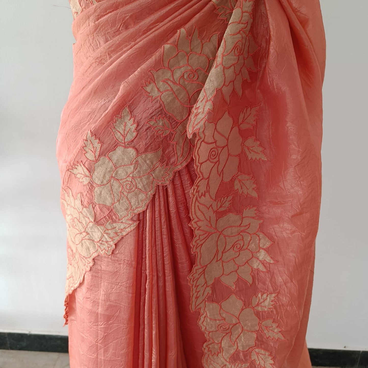 Peach Crushed Tissue Saree with Rose Appliqué