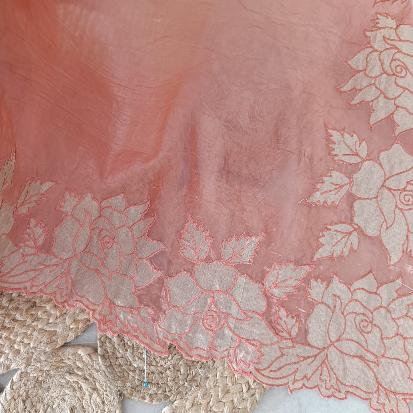 Peach Crushed Tissue Saree with Rose Appliqué