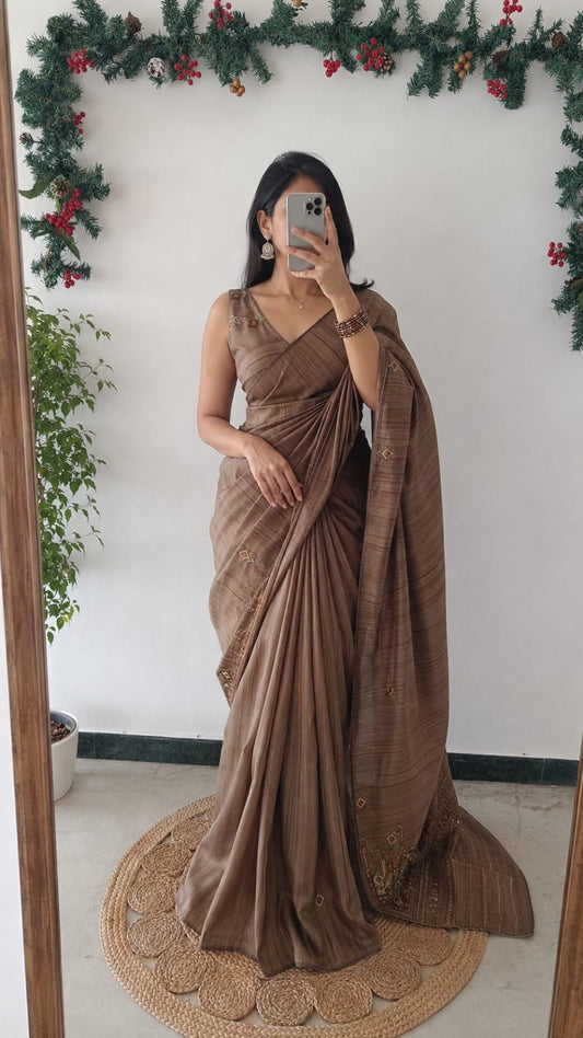 Brown Semi Tussar Hand Embroidery Saree