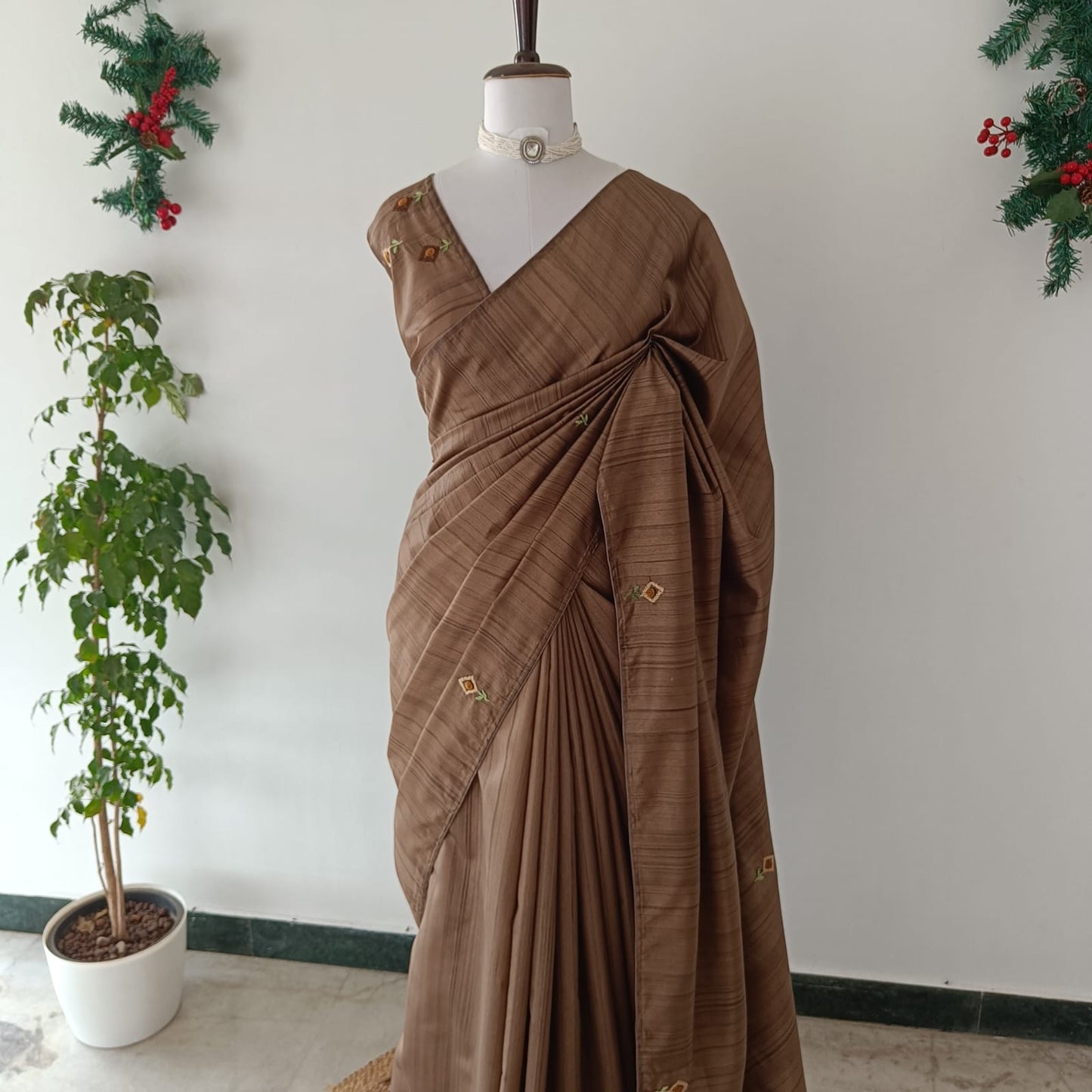 Brown Semi Tussar Hand Embroidery Saree