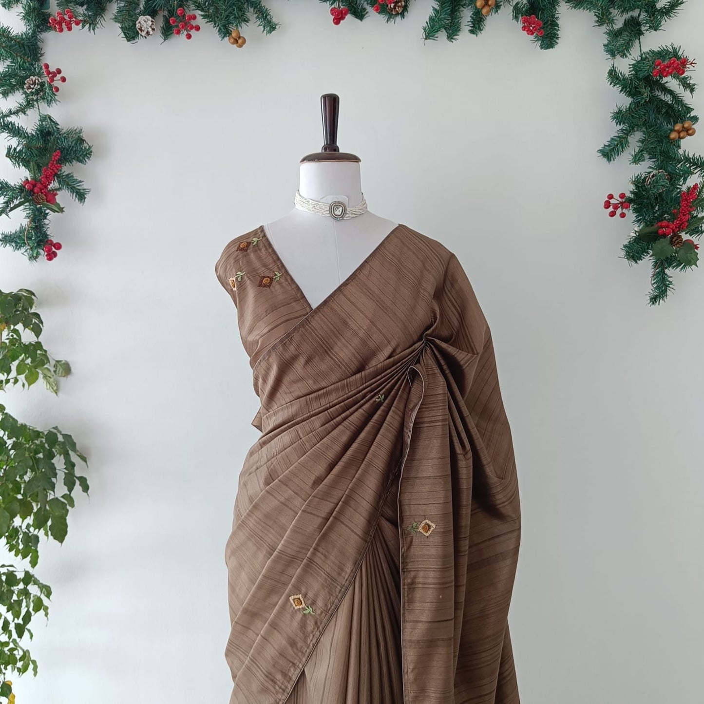 Brown Semi Tussar Hand Embroidery Saree